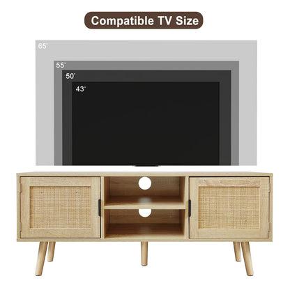 Farmhouse TV Stands for 55 Inch Tv,Wood Media Entertainment Center Cabinet Console Table with 2 Rattan Doors, Natural Oak, H0015