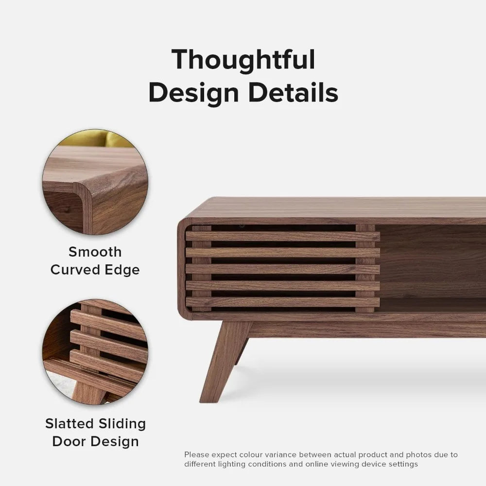 Mopio Ensley Mid Century Modern Rectangle Coffee Table with Dual Storage Shelf, Wood Slat Sliding Door, & Rounded Edge