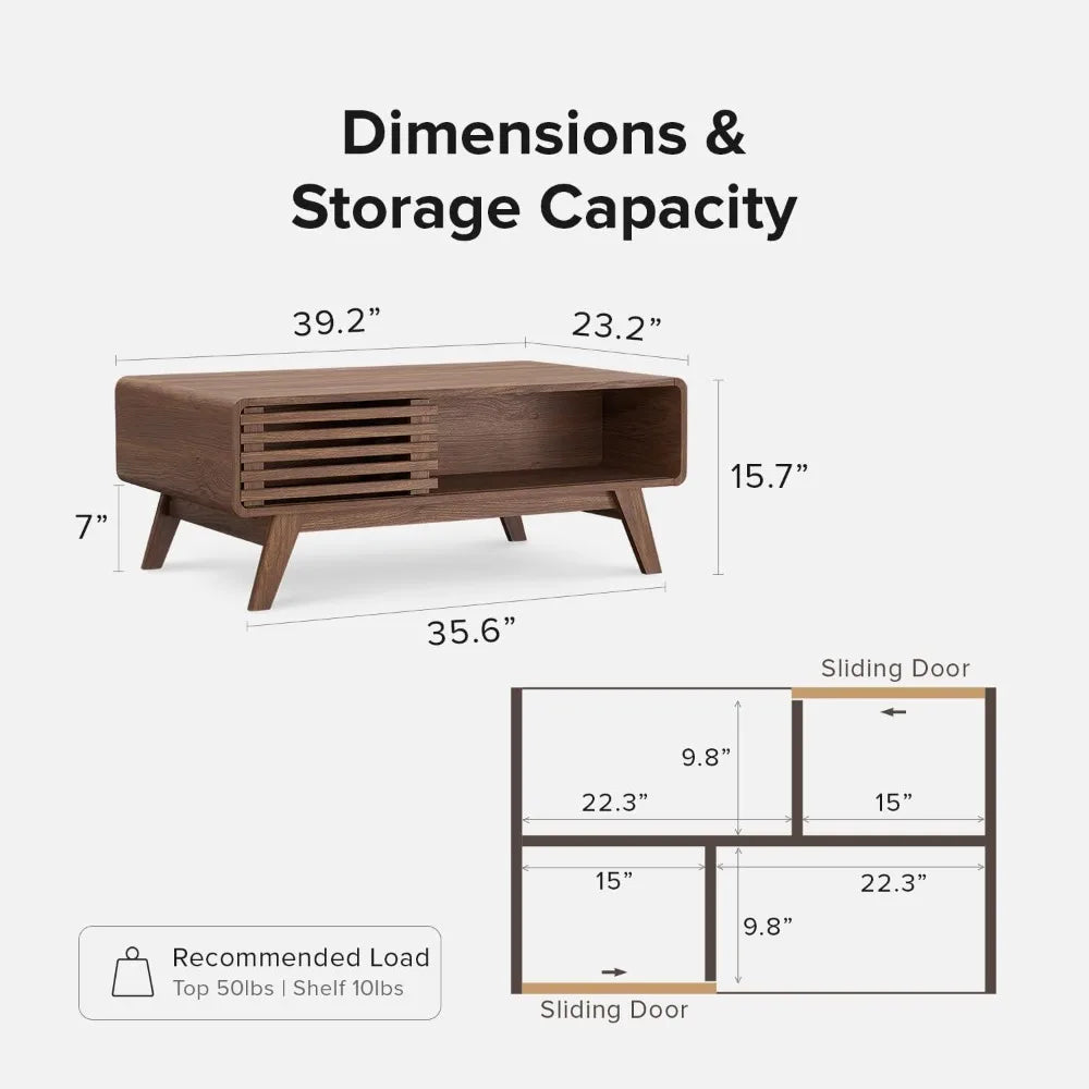 Mopio Ensley Mid Century Modern Rectangle Coffee Table with Dual Storage Shelf, Wood Slat Sliding Door, & Rounded Edge